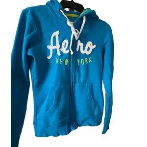 Aeropostale Women’s Full Zip Hoodie Blue with White and Green Letters Sz Medium
